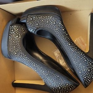 BLACK SIZE 39 JEWELLED PLATFORM PEEP TOE HEEL